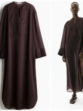 H&M EDITION Ramie Kaftan Dress Dark Brown Embroidered Sz M NWT